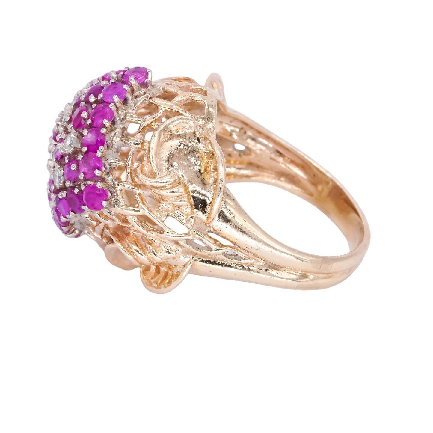 14k Yellow Gold 1.20CT VS Diamond and Ruby Cluster Dome Pave Ring size 7.25