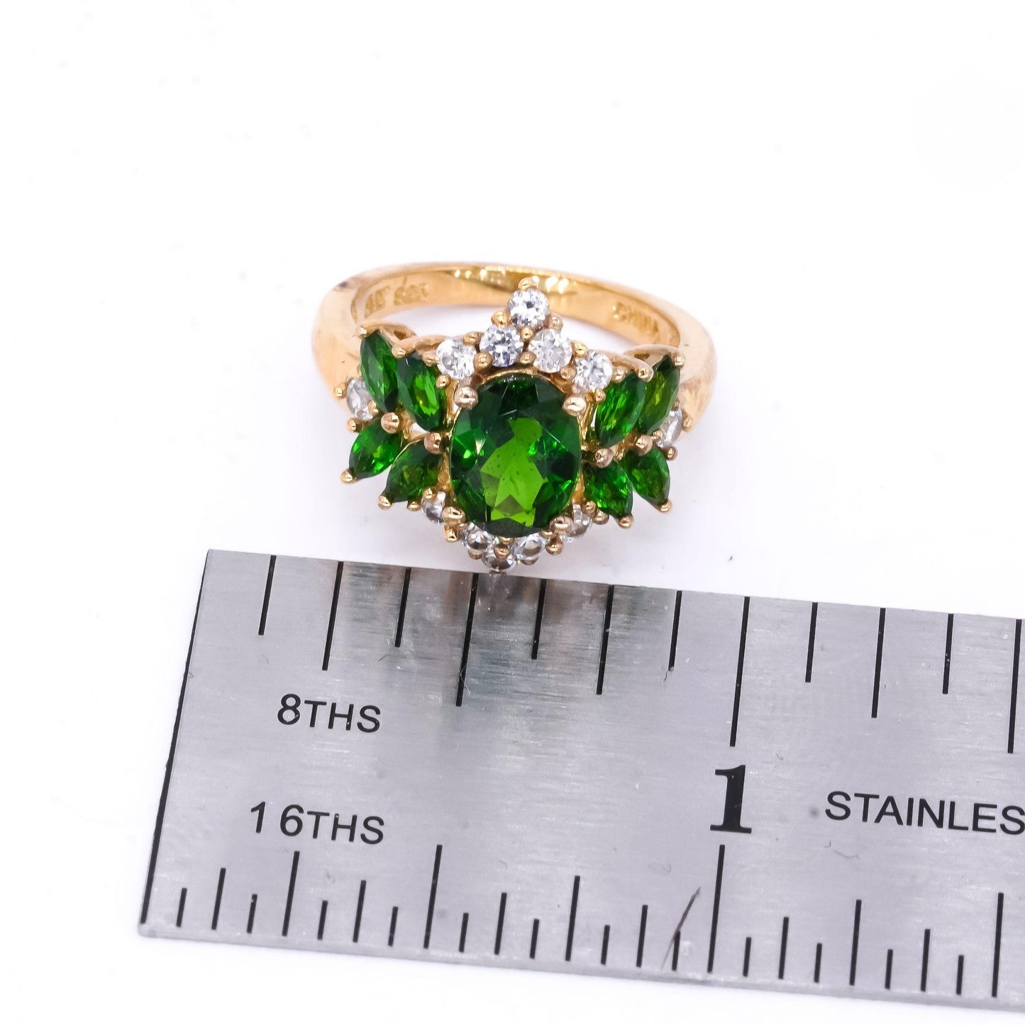 Sterling Silver Gold Plated 2.50CT Green Diopside and White Topaz Ring size 5
