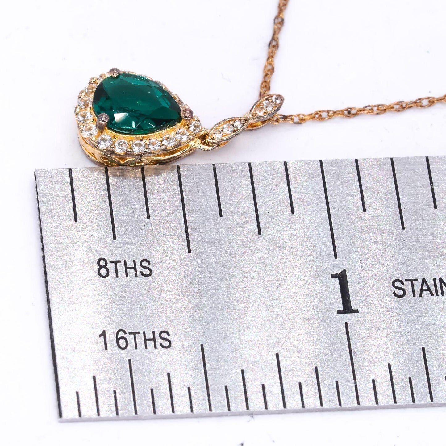 Sterling Silver Gold Plated 1.0CT Emerald and White Topaz Halo Pendant Necklace