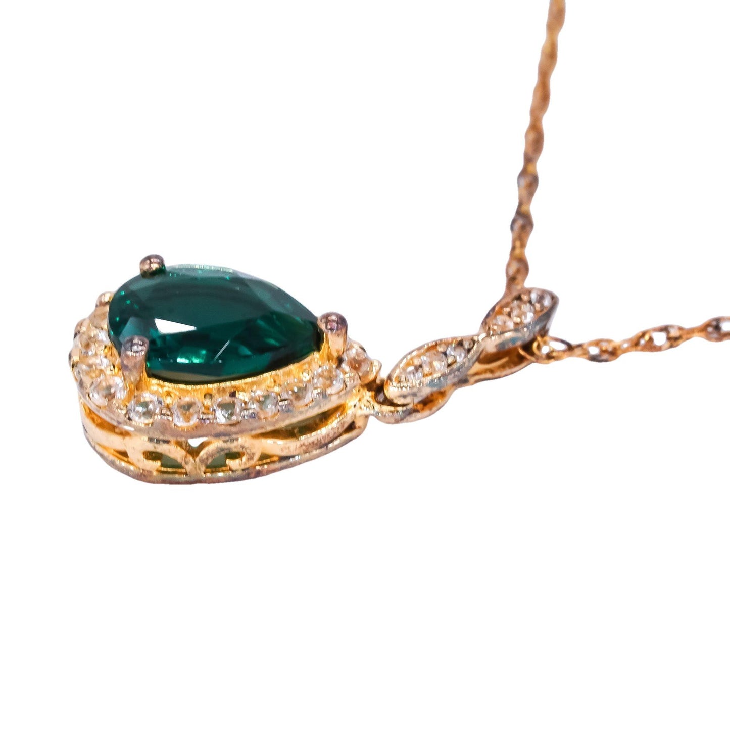Sterling Silver Gold Plated 1.0CT Emerald and White Topaz Halo Pendant Necklace