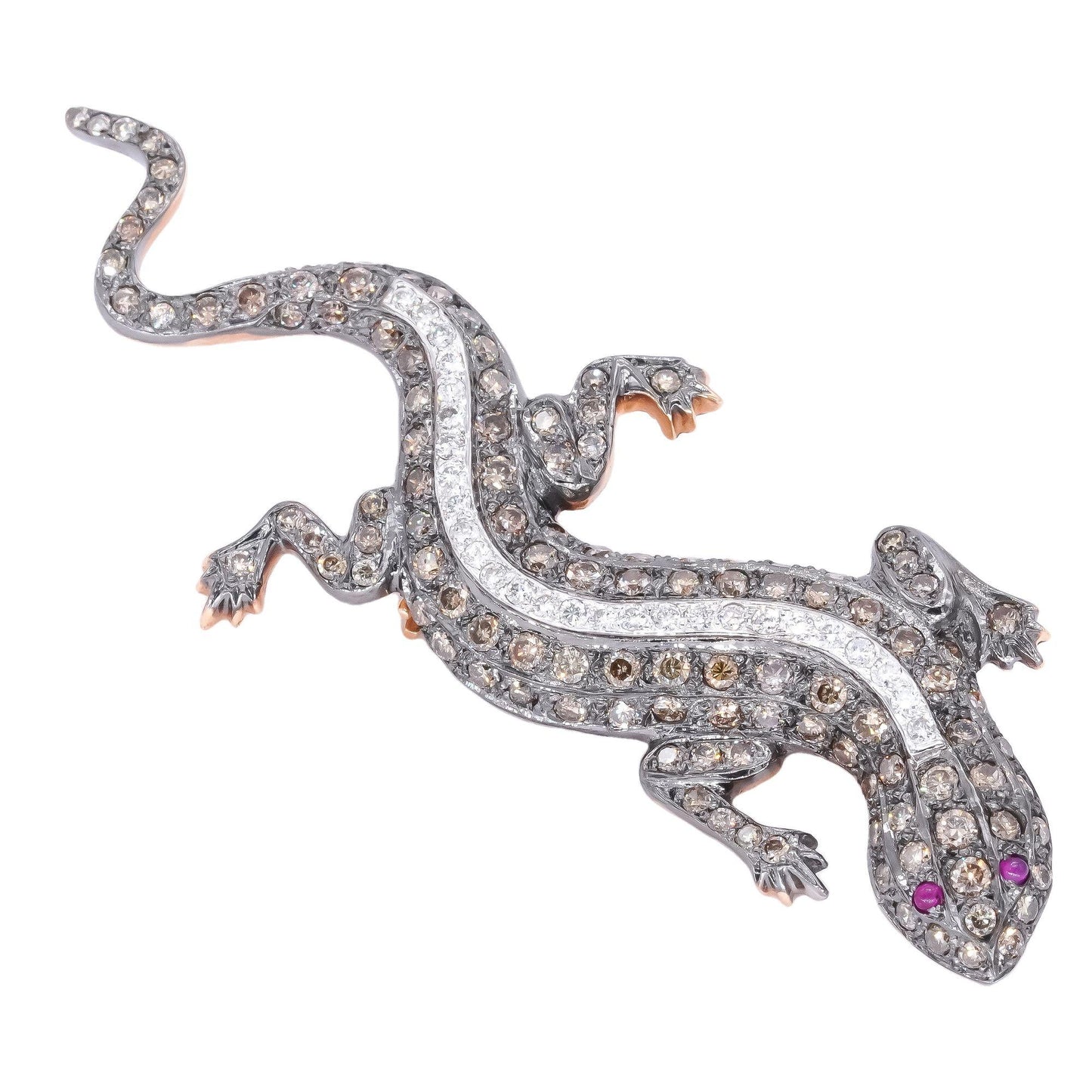 18k Yellow & White Gold 1.50CT White & Brown Diamond Lizard Ruby Eyed Brooch Pin