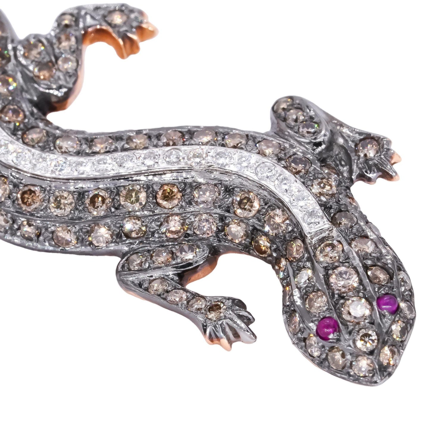 18k Yellow & White Gold 1.50CT White & Brown Diamond Lizard Ruby Eyed Brooch Pin