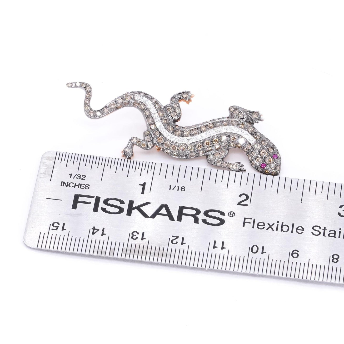 18k Yellow & White Gold 1.50CT White & Brown Diamond Lizard Ruby Eyed Brooch Pin
