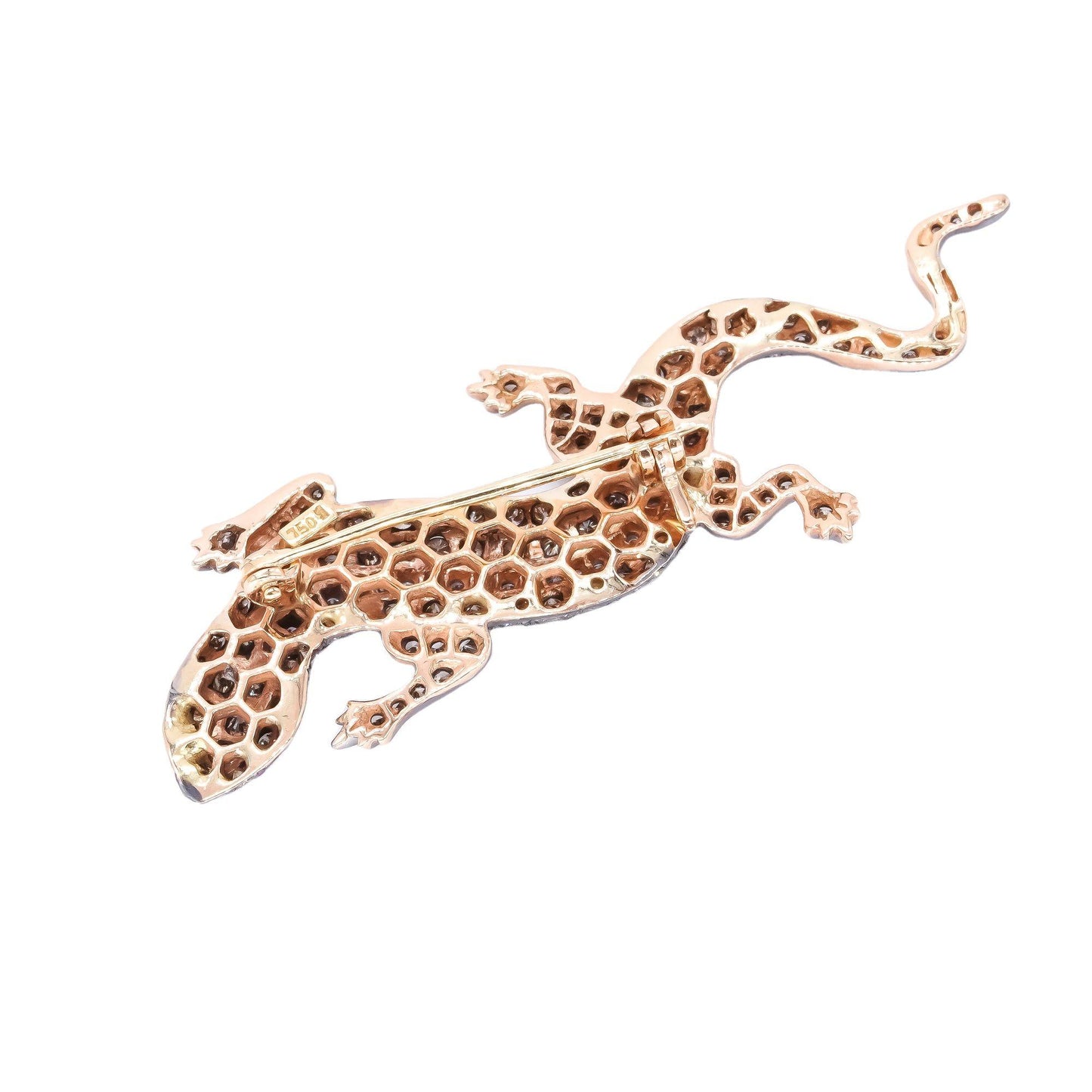 18k Yellow & White Gold 1.50CT White & Brown Diamond Lizard Ruby Eyed Brooch Pin