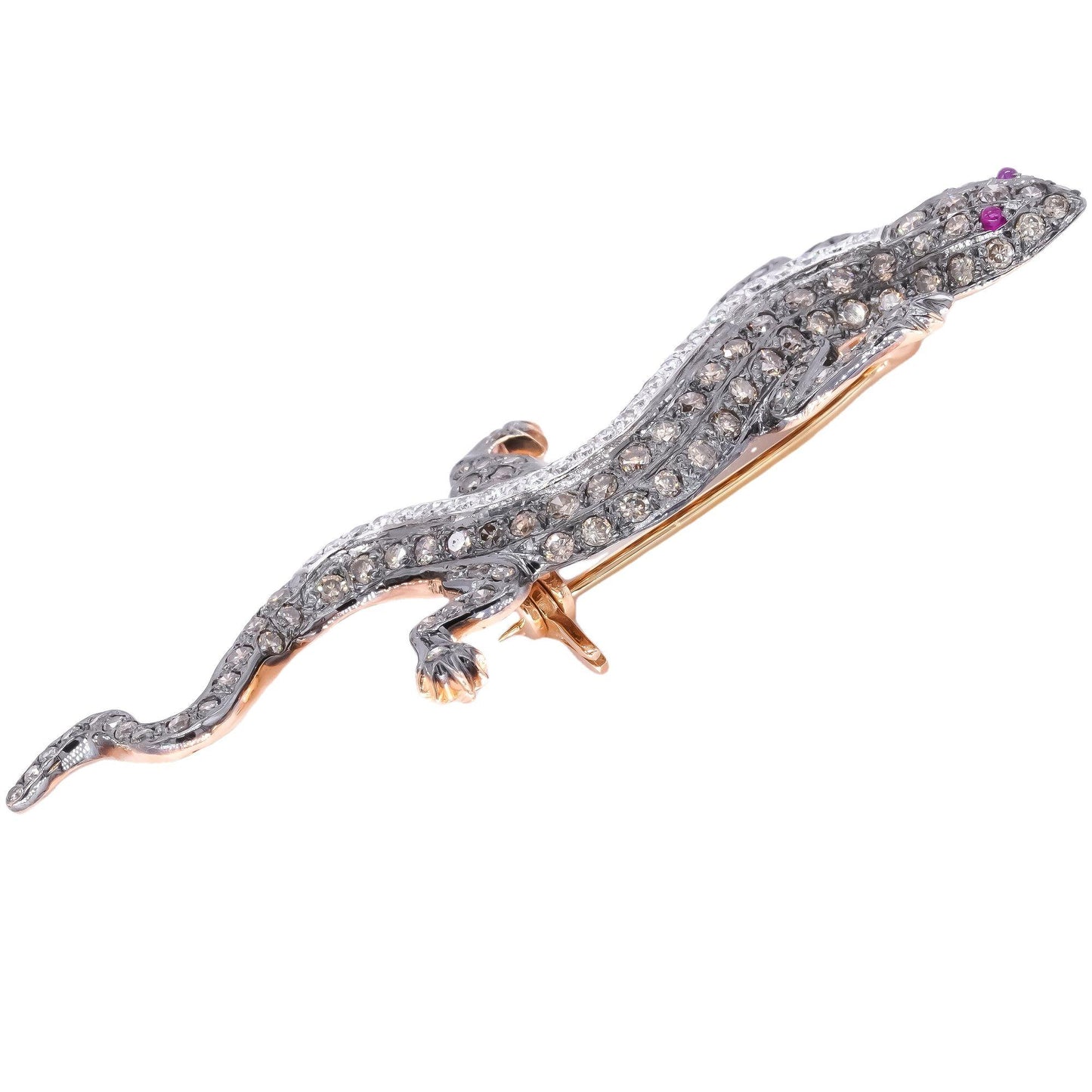 18k Yellow & White Gold 1.50CT White & Brown Diamond Lizard Ruby Eyed Brooch Pin