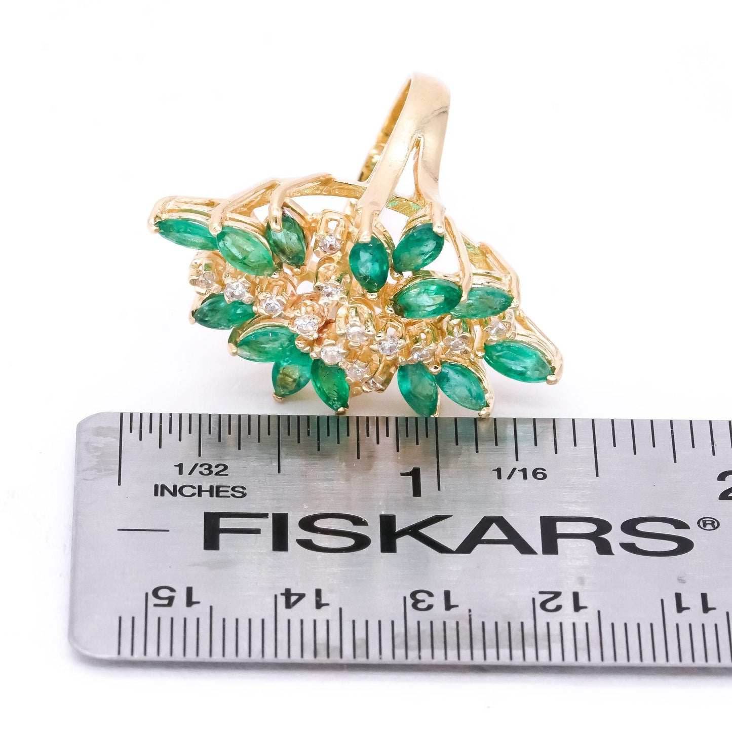 14k Yellow Gold 2.5ct VS Diamond + Emerald Jumbo Floral Cluster Ring Size 7.5