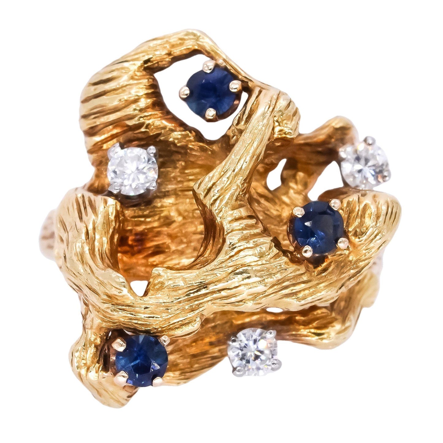 18k Designer Yellow Gold 0.42ct VS Diamond + Sapphire Textured Freeform Ring