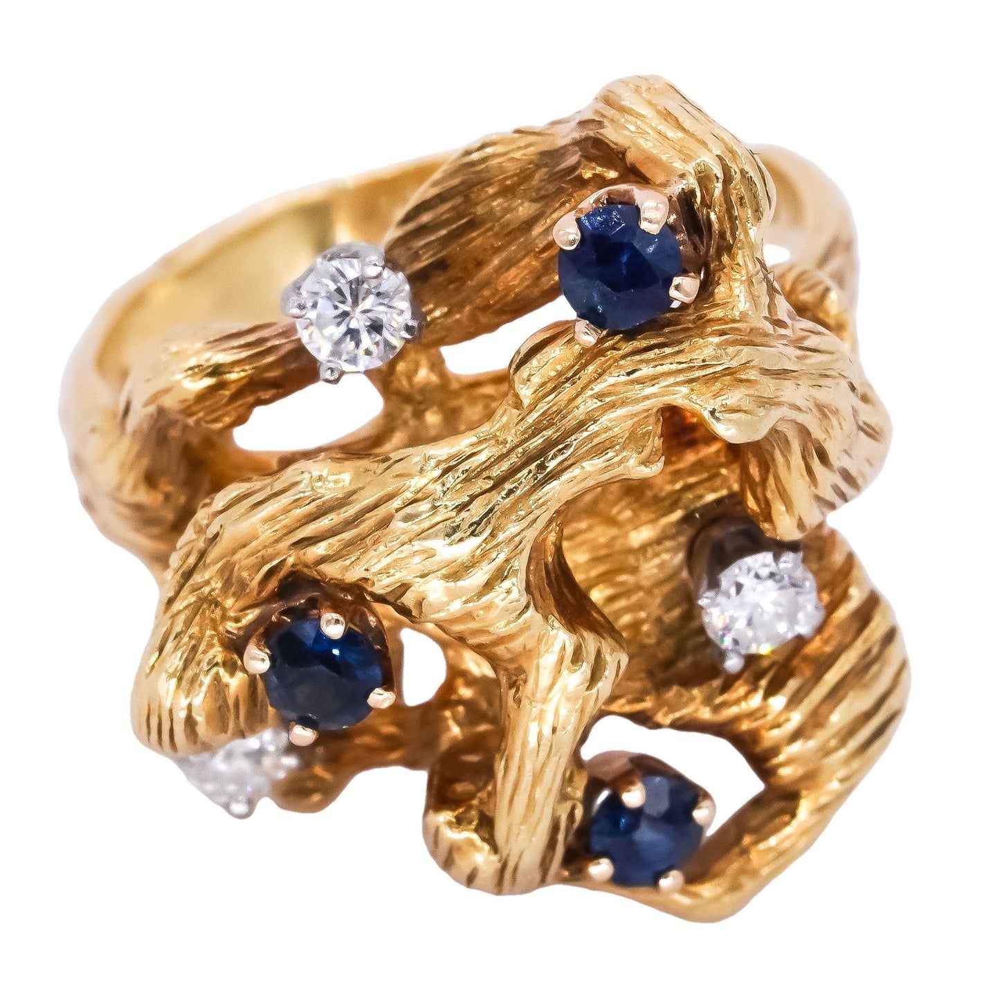 18k Designer Yellow Gold 0.42ct VS Diamond + Sapphire Textured Freeform Ring
