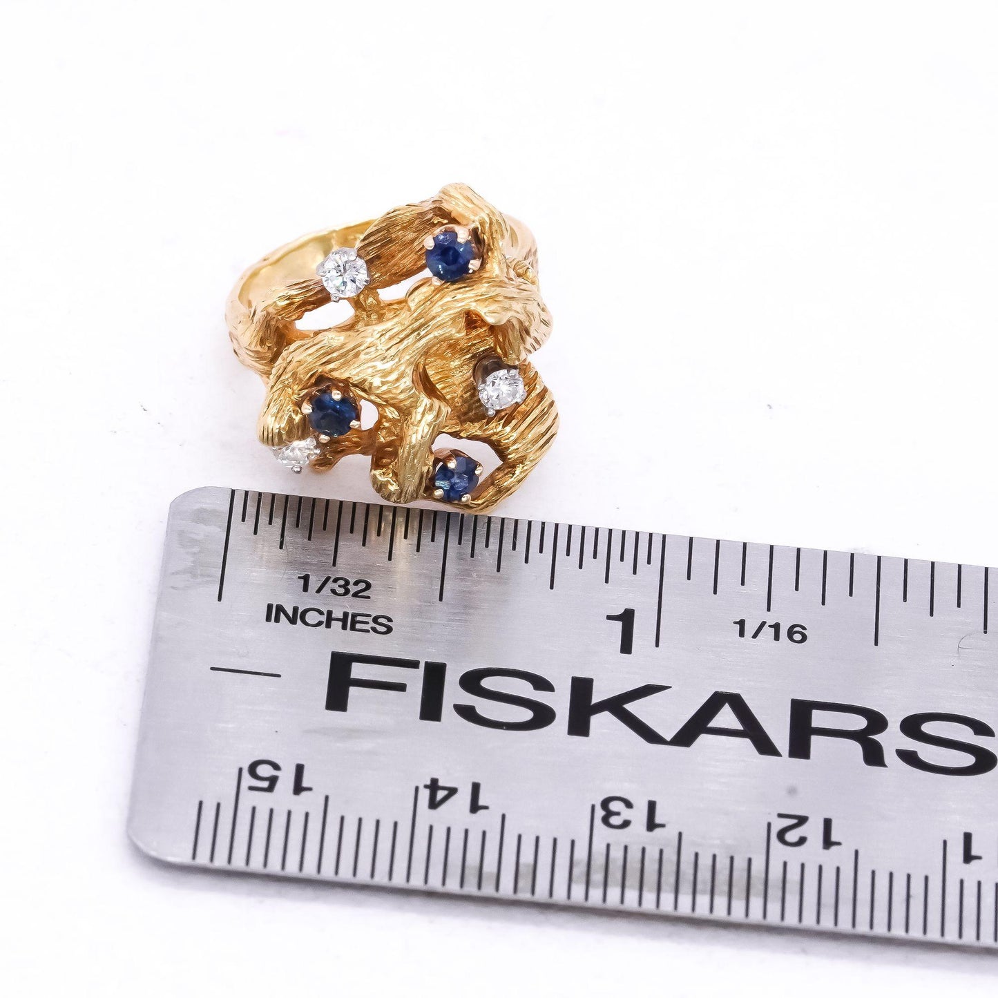 18k Designer Yellow Gold 0.42ct VS Diamond + Sapphire Textured Freeform Ring
