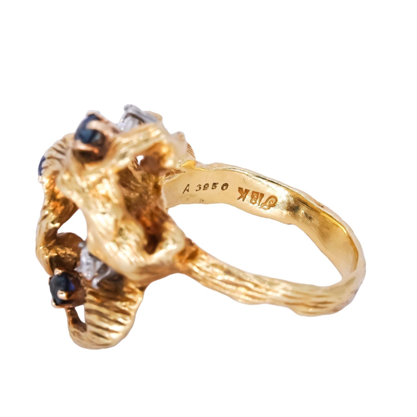 18k Designer Yellow Gold 0.42ct VS Diamond + Sapphire Textured Freeform Ring
