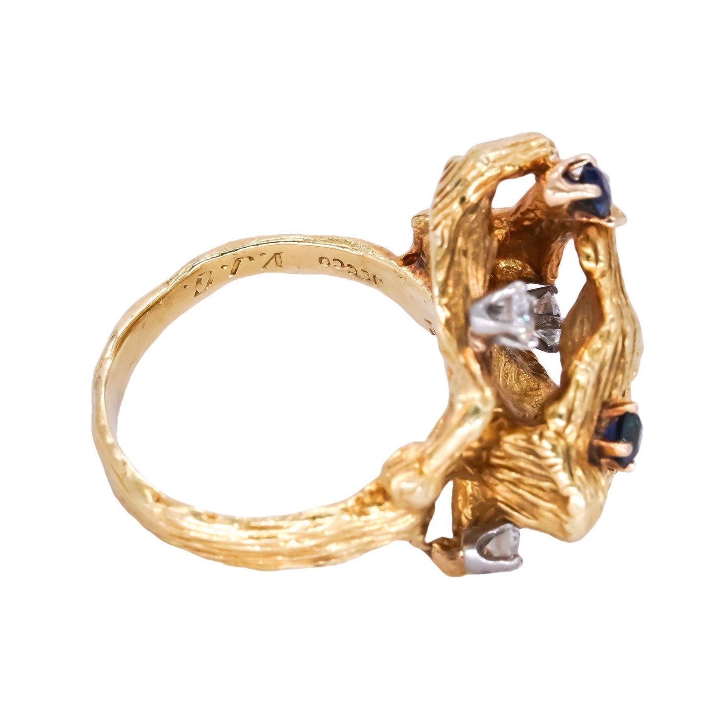 18k Designer Yellow Gold 0.42ct VS Diamond + Sapphire Textured Freeform Ring