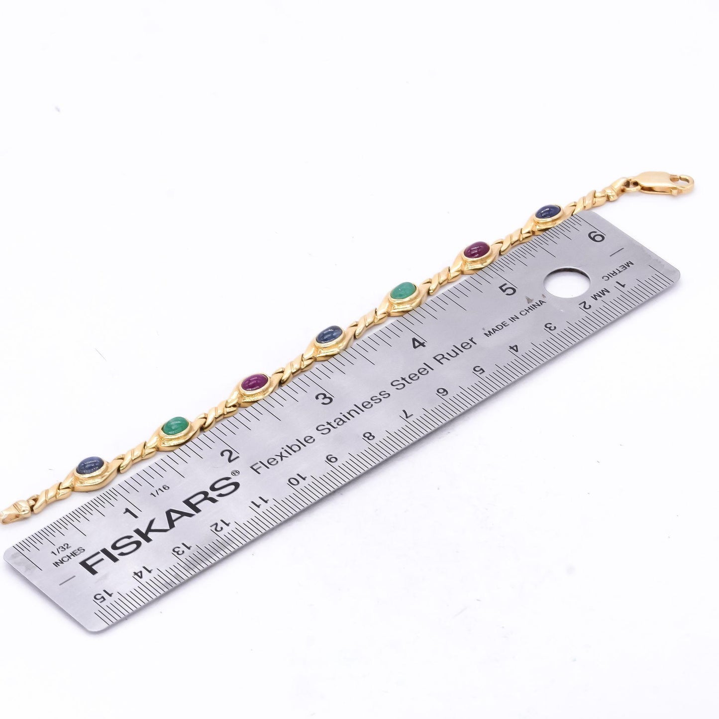 14k Yellow Gold 3.50CT Ruby Sapphire Emerald Fancy Link Bracelet