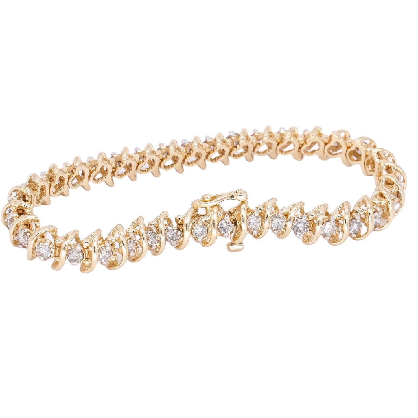14k Yellow Gold 4.5ct Diamond Curved S Link Fancy Tennis Bracelet