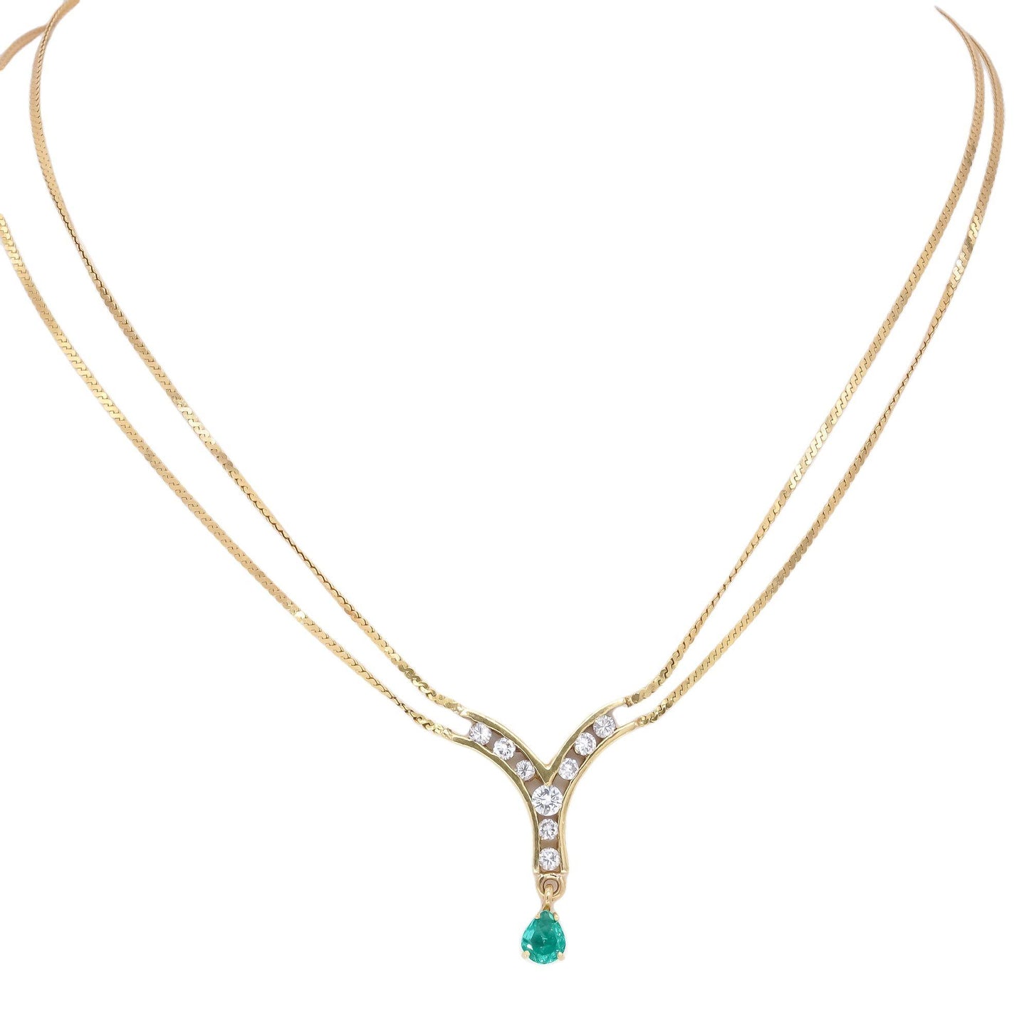 18k Yellow Gold 0.90CT VS Diamond & Emerald Pendant Multi-Chain Necklace
