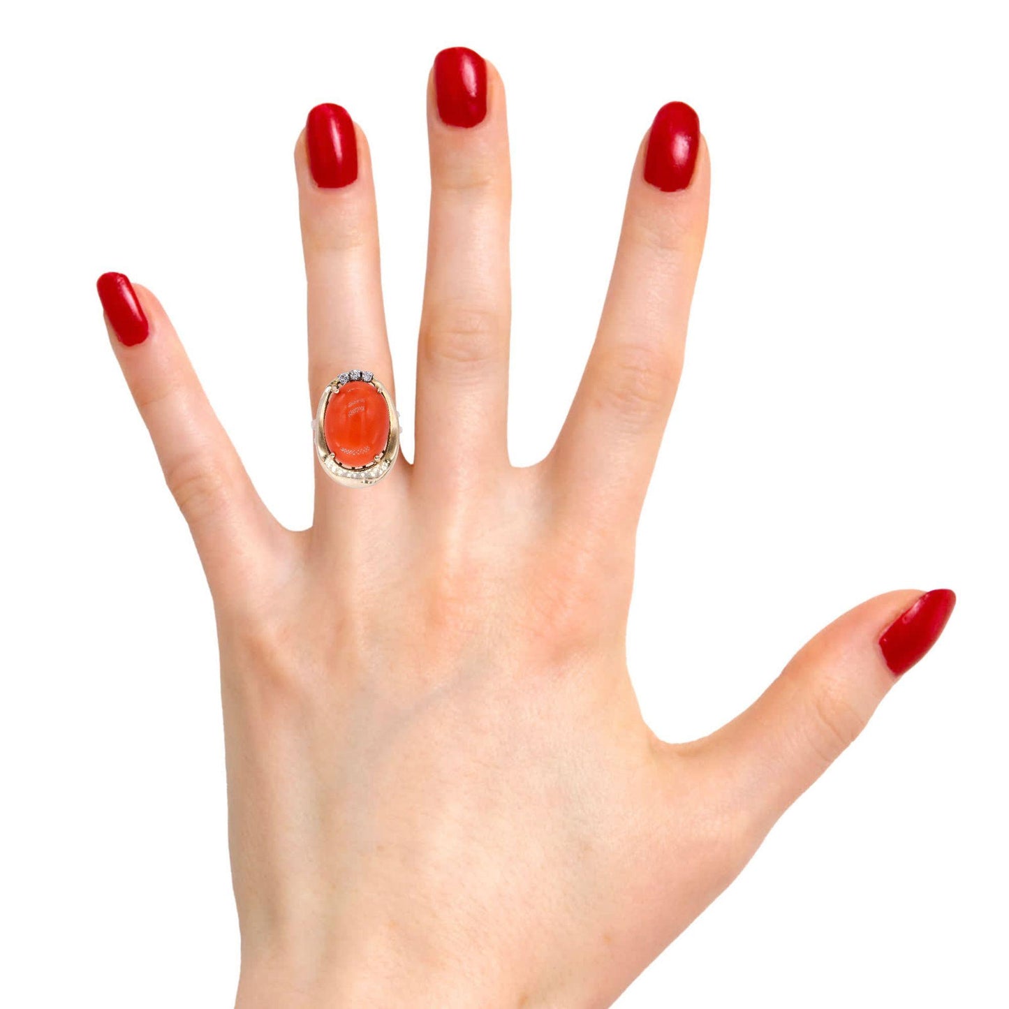 14k Yellow Gold 0.10ct Diamond and Coral Retro Cocktail Ring Size 3.5