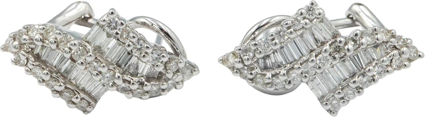 14K White Gold 1.25CT Baguette and Round Diamond Hoop Huggies Earrings