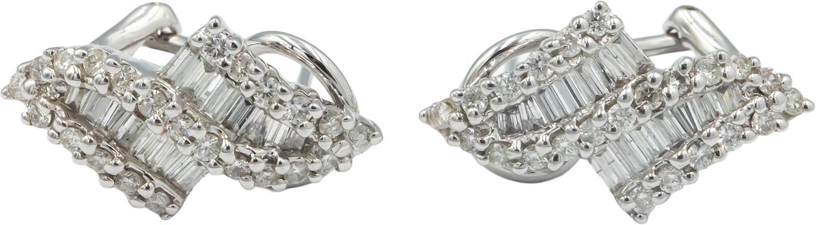 14K White Gold 1.25CT Baguette and Round Diamond Hoop Huggies Earrings