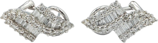 14K White Gold 1.25CT Baguette and Round Diamond Hoop Huggies Earrings