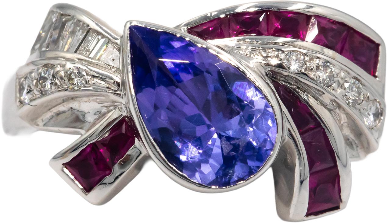 18k White Gold 1.40CT Diamond Tanzanite Ruby Ribbon Ring size 6.75