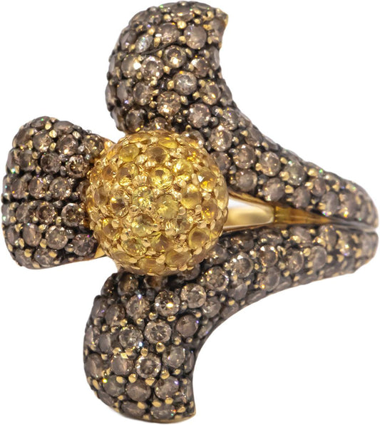 18k Yellow Gold 2.0CT Brown Diamond Yellow Sapphire Flower Ring Size 5.5