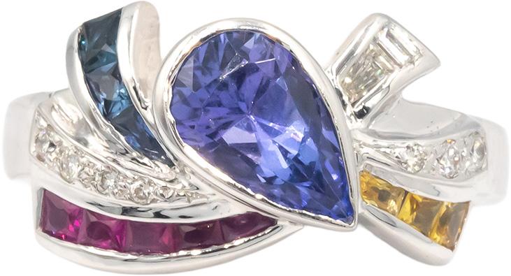 18k White Gold 1.40CT Diamond Tanzanite Sapphire Ruby Ribbon Ring Size 7