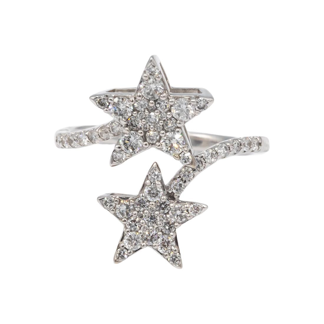 10K White Gold Double Star By Pass Pave Diamond Crossover Ring .75cts