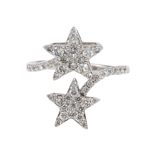 10K White Gold Double Star By Pass Pave Diamond Crossover Ring .75cts