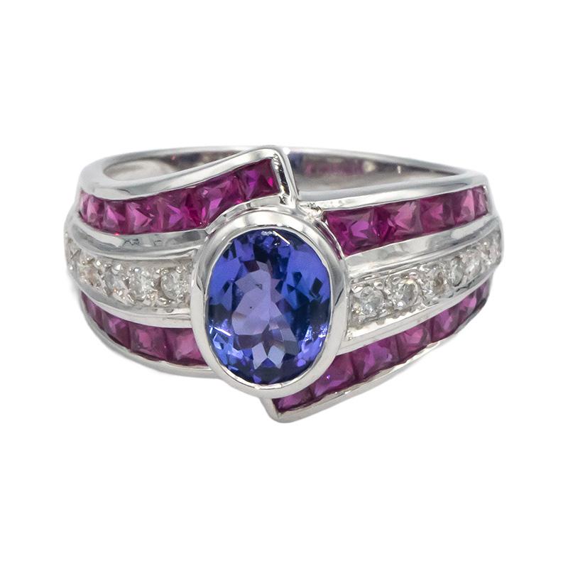 18k White Gold 2.40CT Diamond Tanzanite Ruby Cluster Cocktail Ring Size 7.25