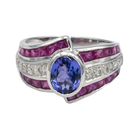 18k White Gold 2.40CT Diamond Tanzanite Ruby Cluster Cocktail Ring Size 7.25