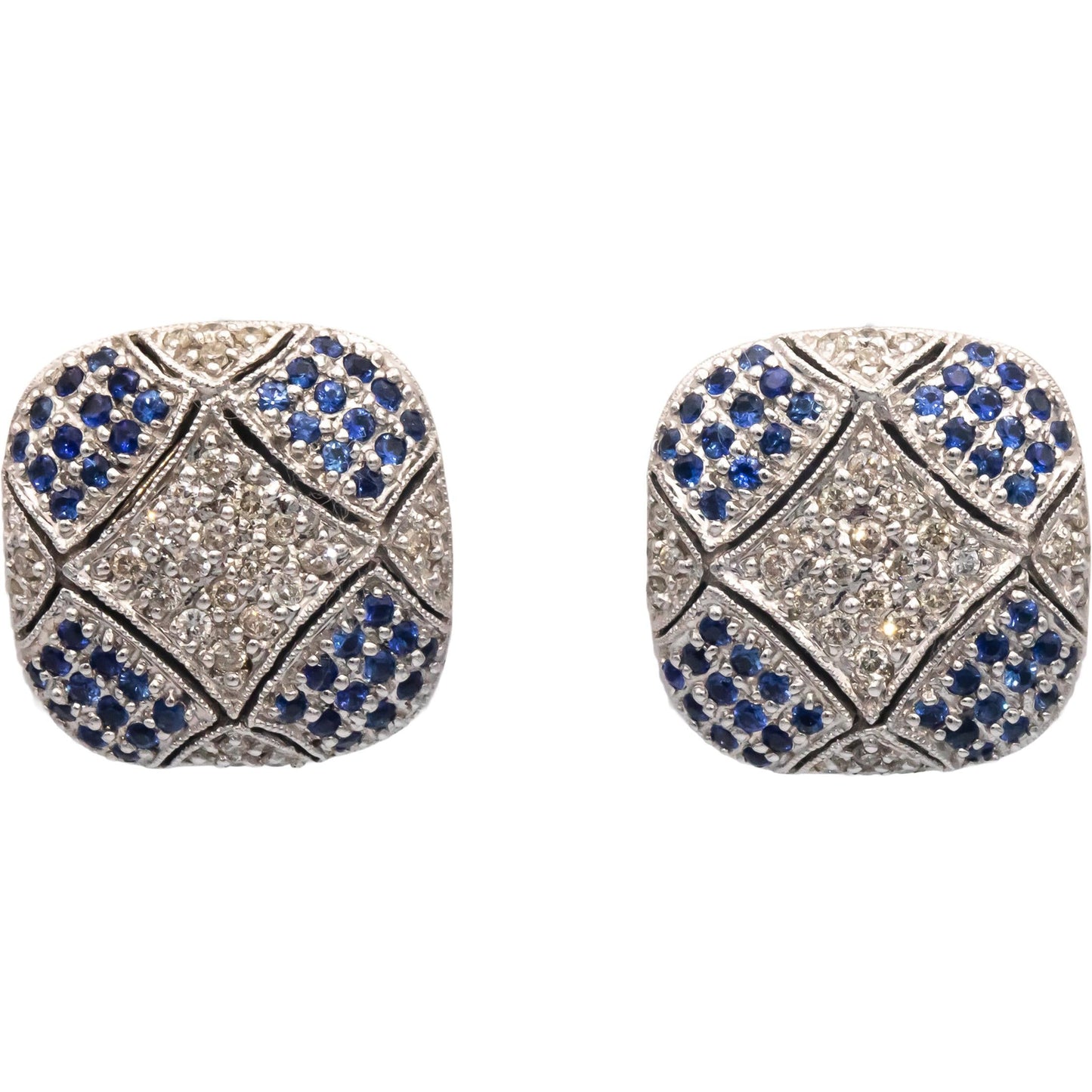 14k White Gold 1.65CT Diamond and Blue Sapphire Cluster Earrings