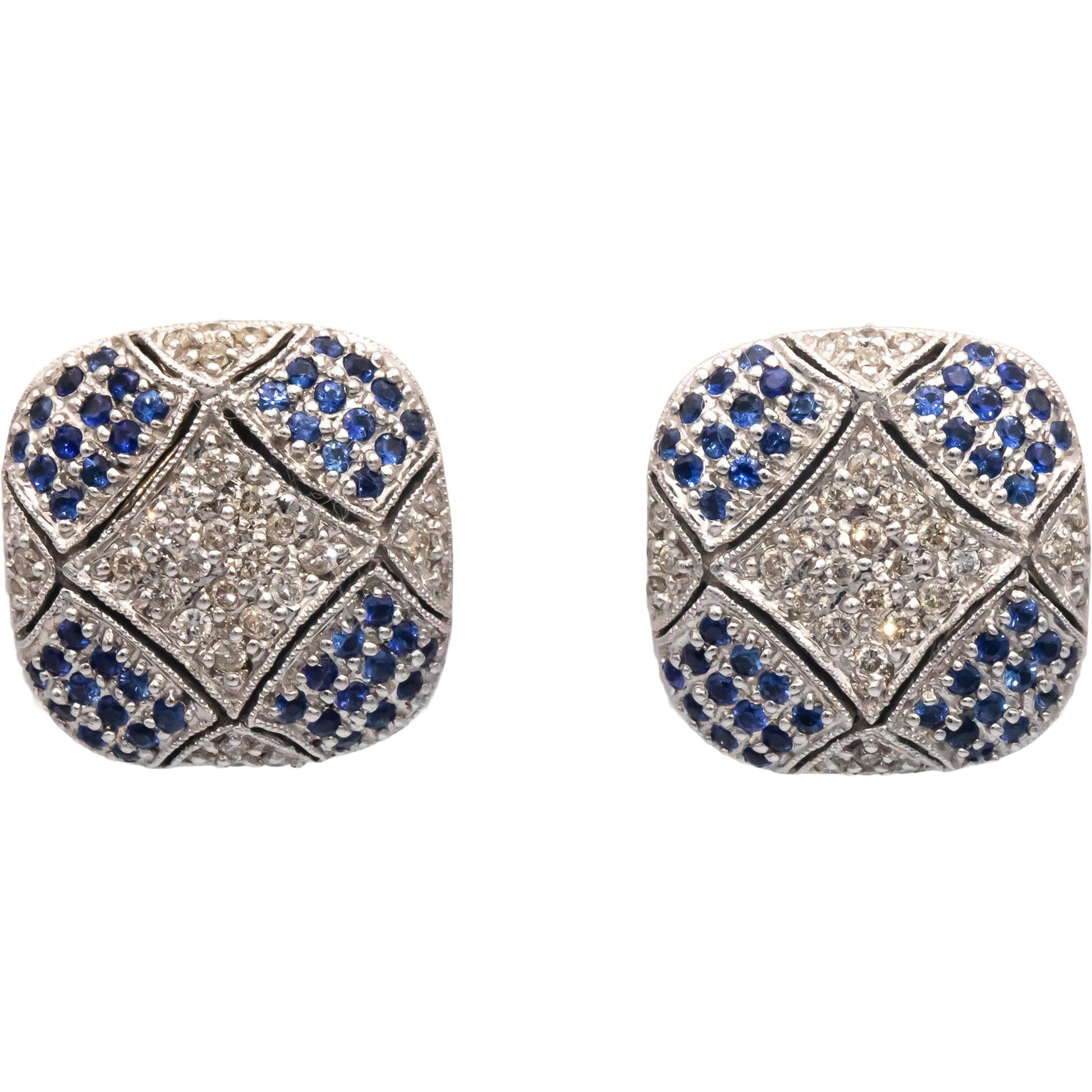 14k White Gold 1.65CT Diamond and Blue Sapphire Cluster Earrings