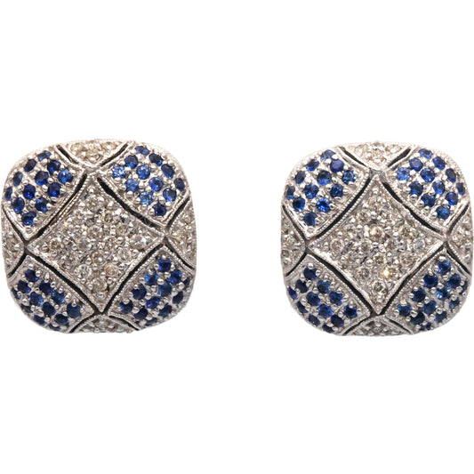 14k White Gold 1.65CT Diamond and Blue Sapphire Cluster Earrings