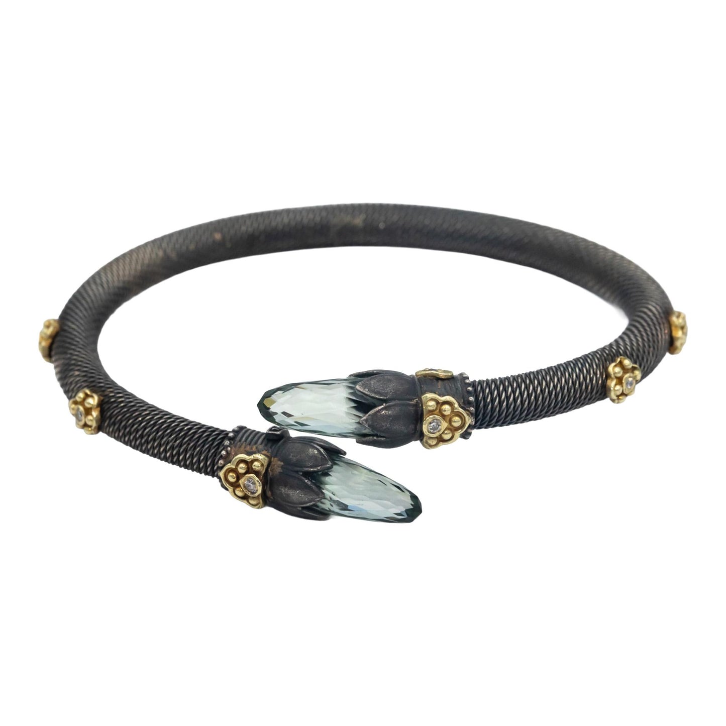 STAMBOLIAN 18k Gold Sterling Silver 0.07CT Diamond Green Amethyst Cuff Bracelet