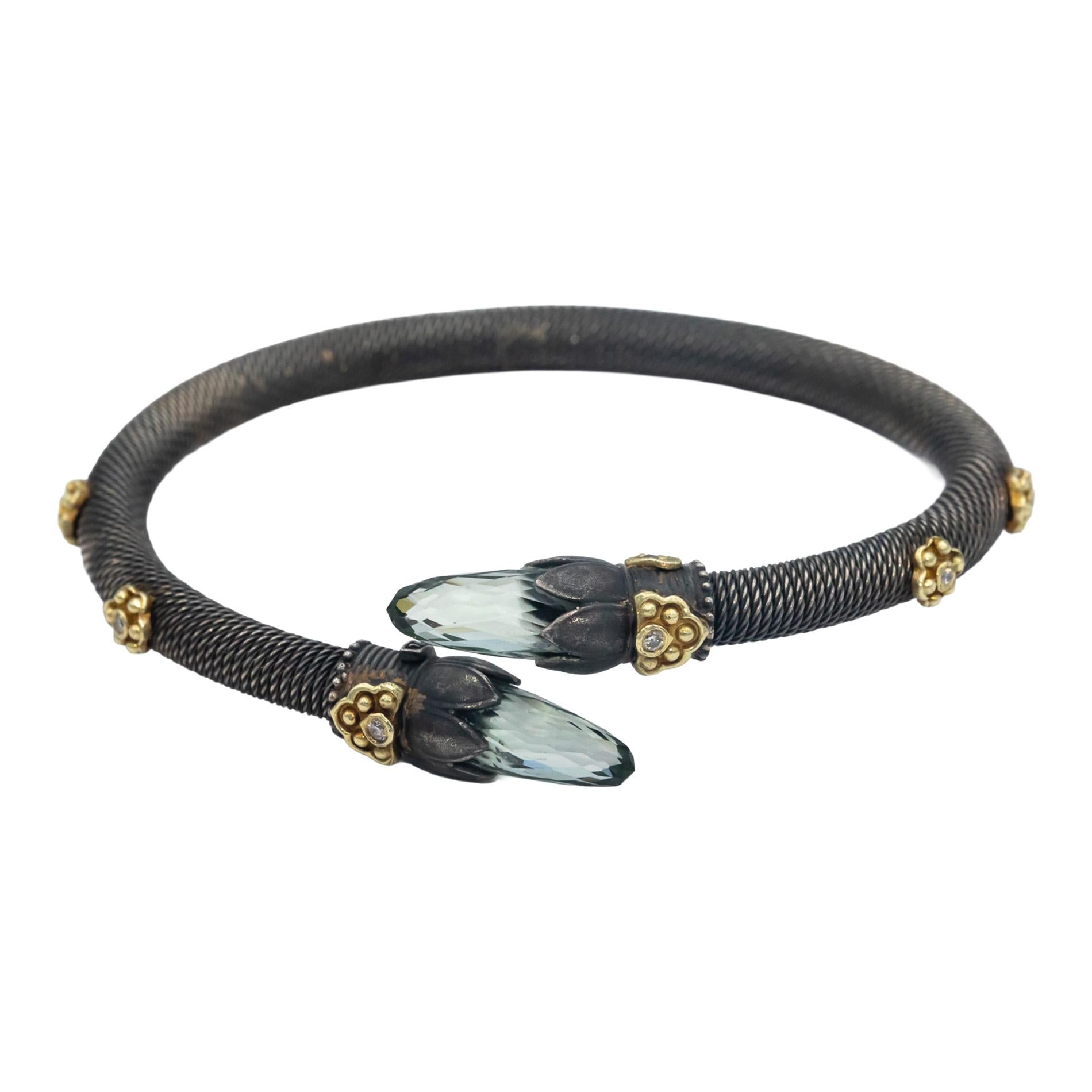 STAMBOLIAN 18k Gold Sterling Silver 0.07CT Diamond Green Amethyst Cuff Bracelet