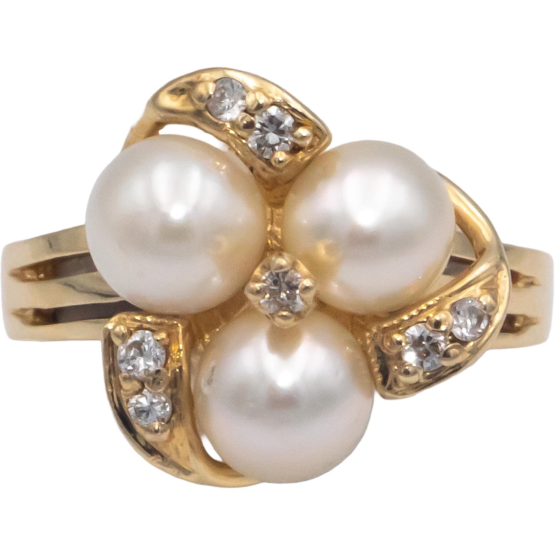 14k Yellow Gold Round Diamond and Pearl Cocktail Ring 0.08CT Size 6