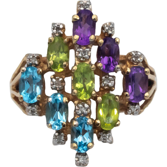 10k Yellow Gold 1.30CT Diamond and Assorted Gemstone Cluster Ring Size 7.5