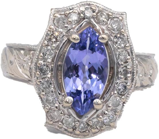 14k White Gold 1.65CT Diamond and Tanzanite Filigree Cocktail Ring Size 7