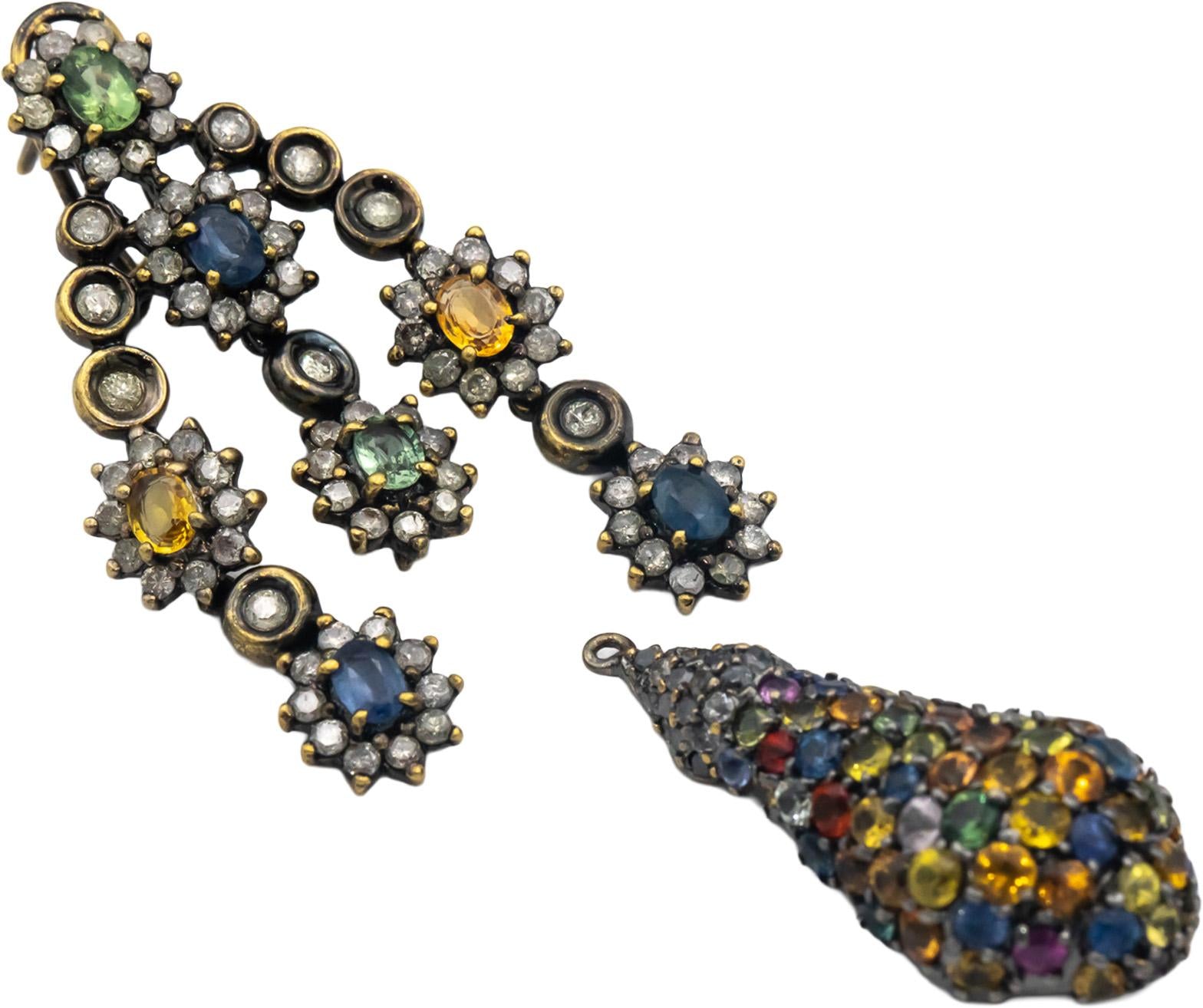 18k White Yellow Gold Diamond and Rainbow Sapphire Day Night Earrings 11.0CT
