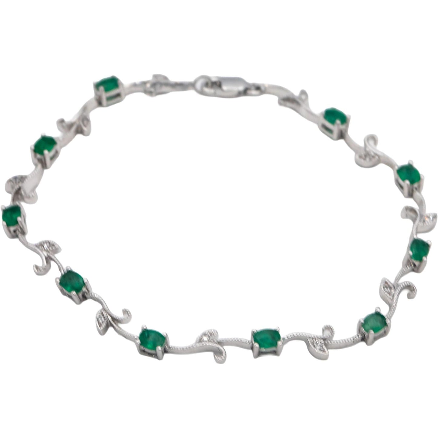 14k White Gold 1.56CT Diamond and Emerald Floral Link Bracelet