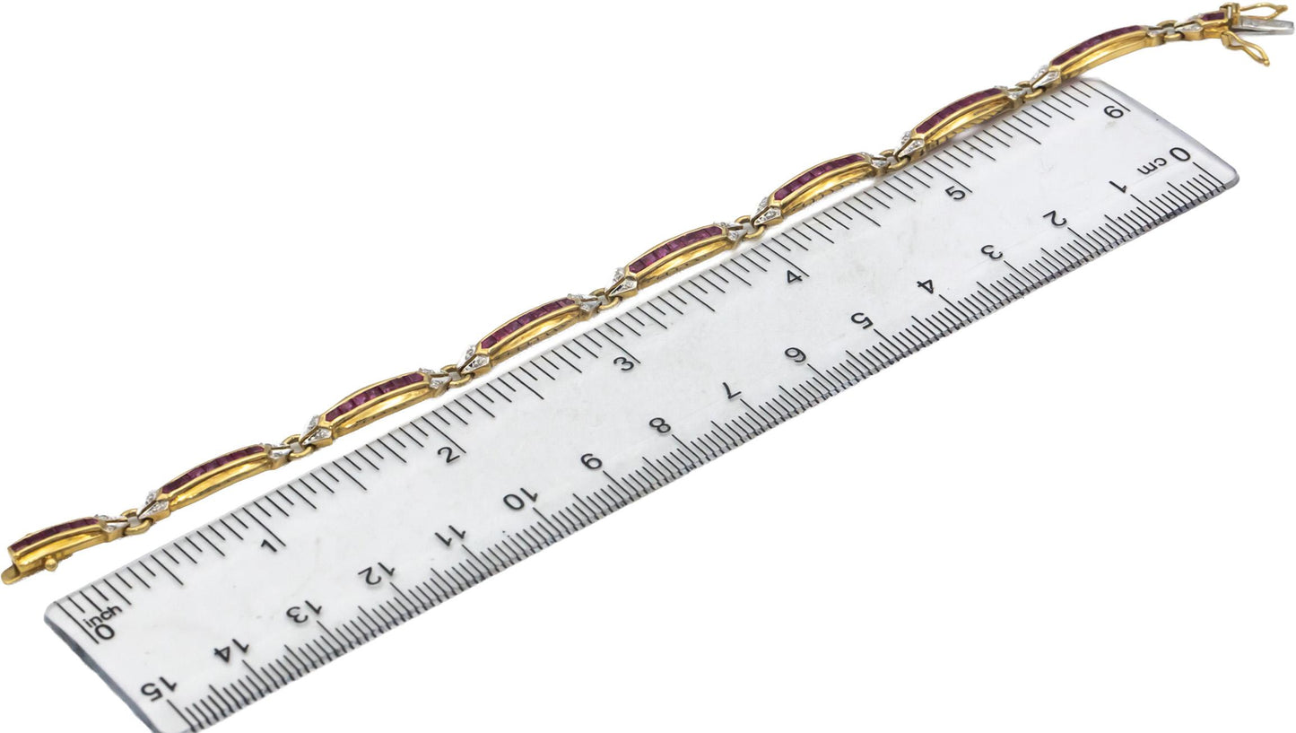 Designer 18k Yellow Gold 2.08CT Diamond and Ruby Link Tennis Bracelet