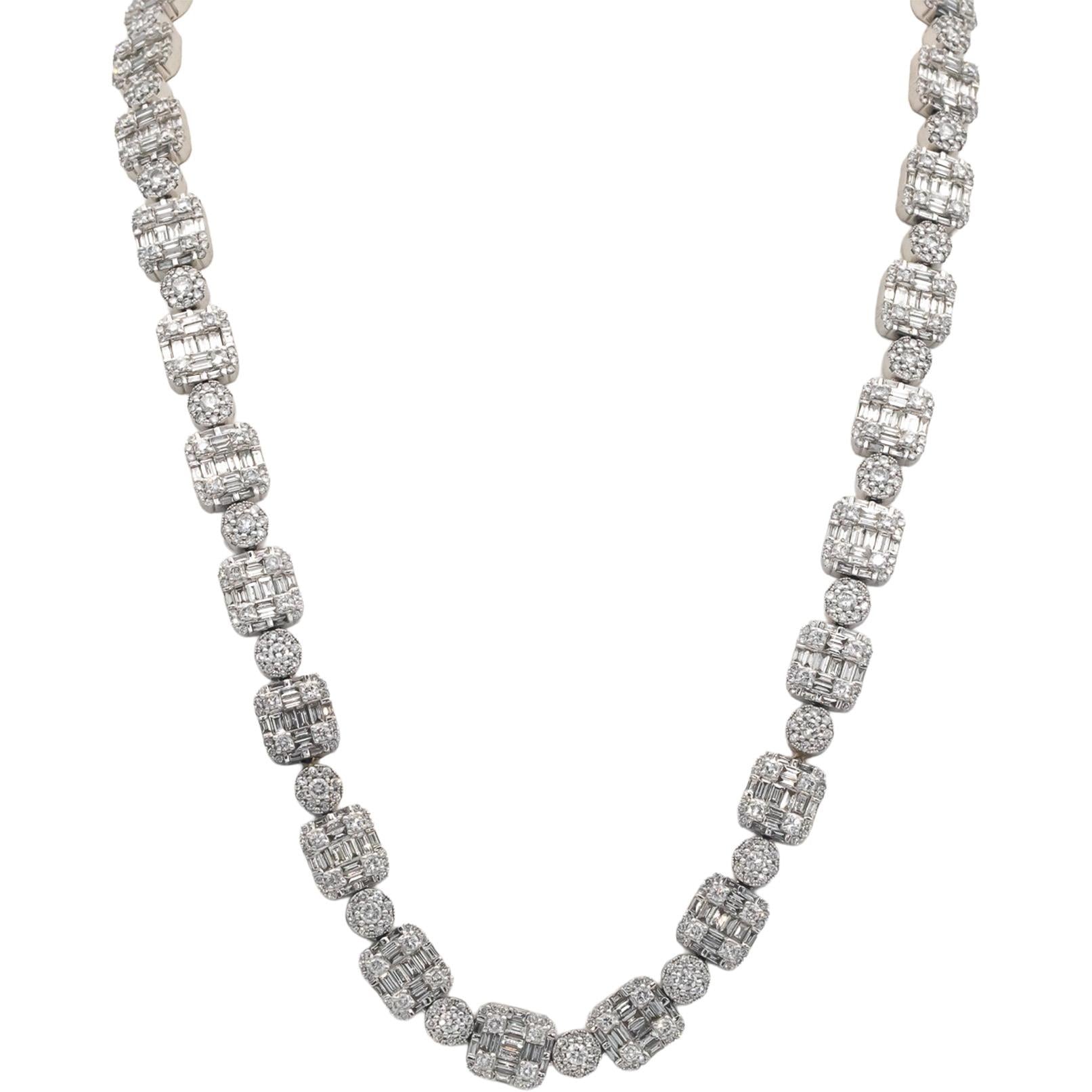Diamond 14K White Gold VS Round & Baguette Iced Out 22.75" Long Necklace 28.0CT