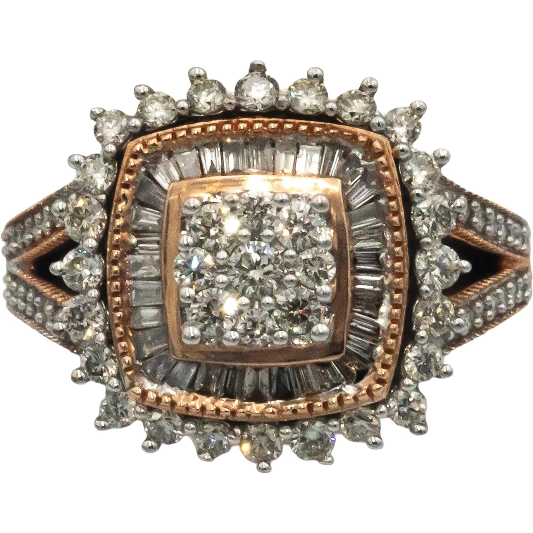 10k Rose Gold Round & Baguette Cut Diamond Cluster Ring 1.0CT Size 7