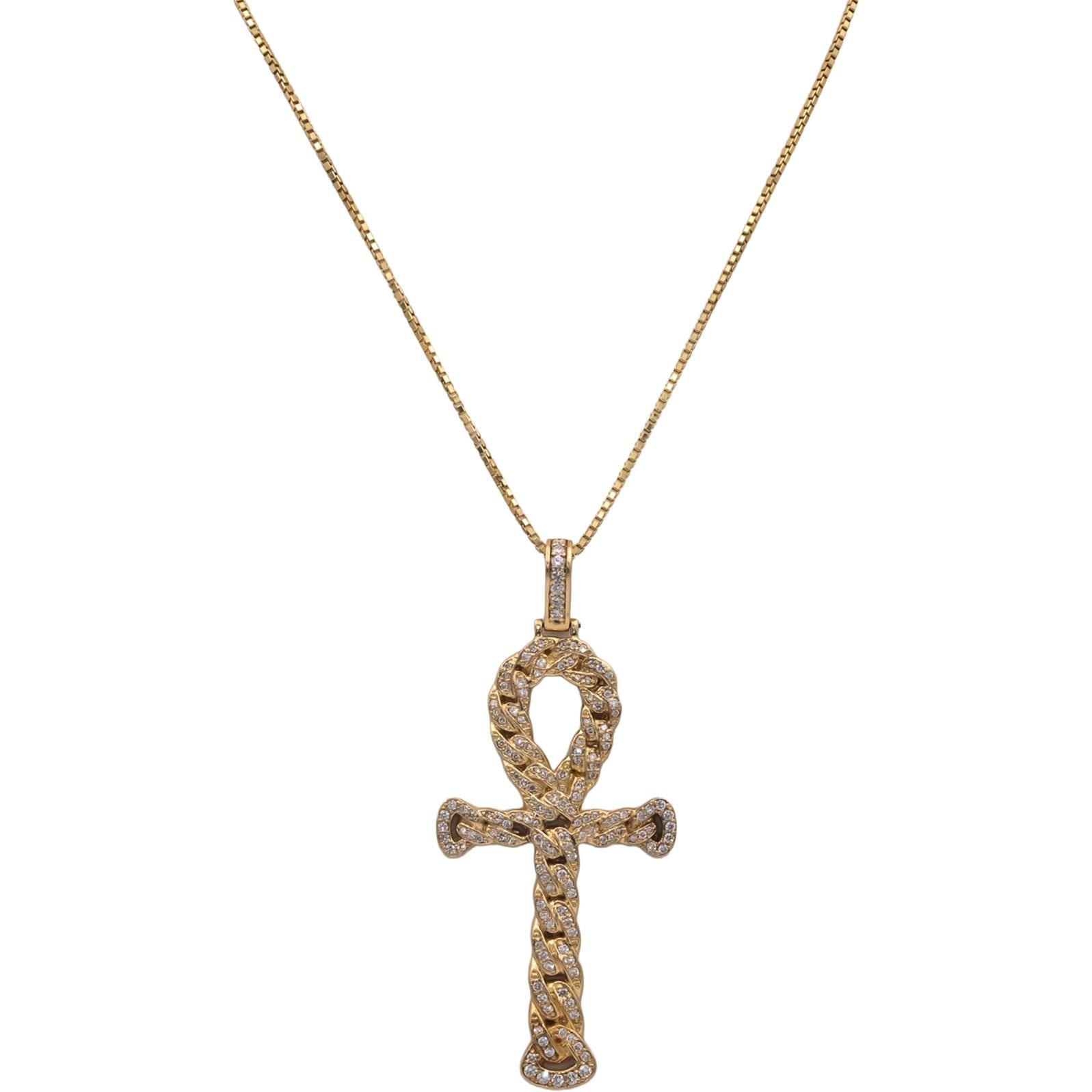 14k Yellow Gold Jewelry Round Diamond Ankh Cross Pendant Necklace 2.10CT