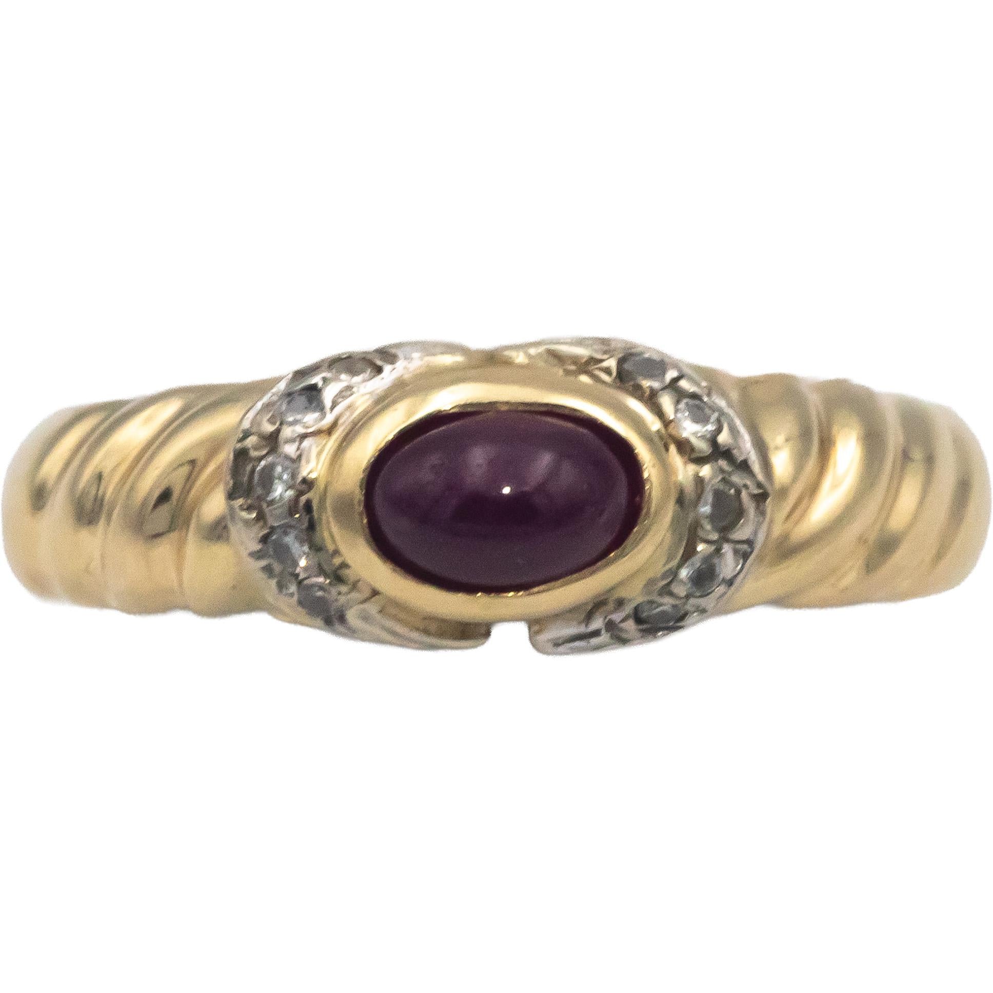 14k Yellow Gold Round Diamond Cabochon Ruby Ring 0.56CT Size 6.75