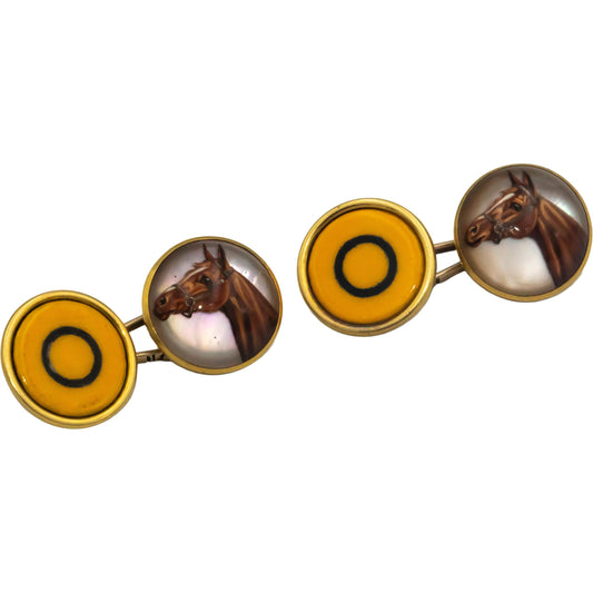 Vintage 18k Yellow Gold Lenox Reverse Crystal Enamel Horsehead Cuff Links