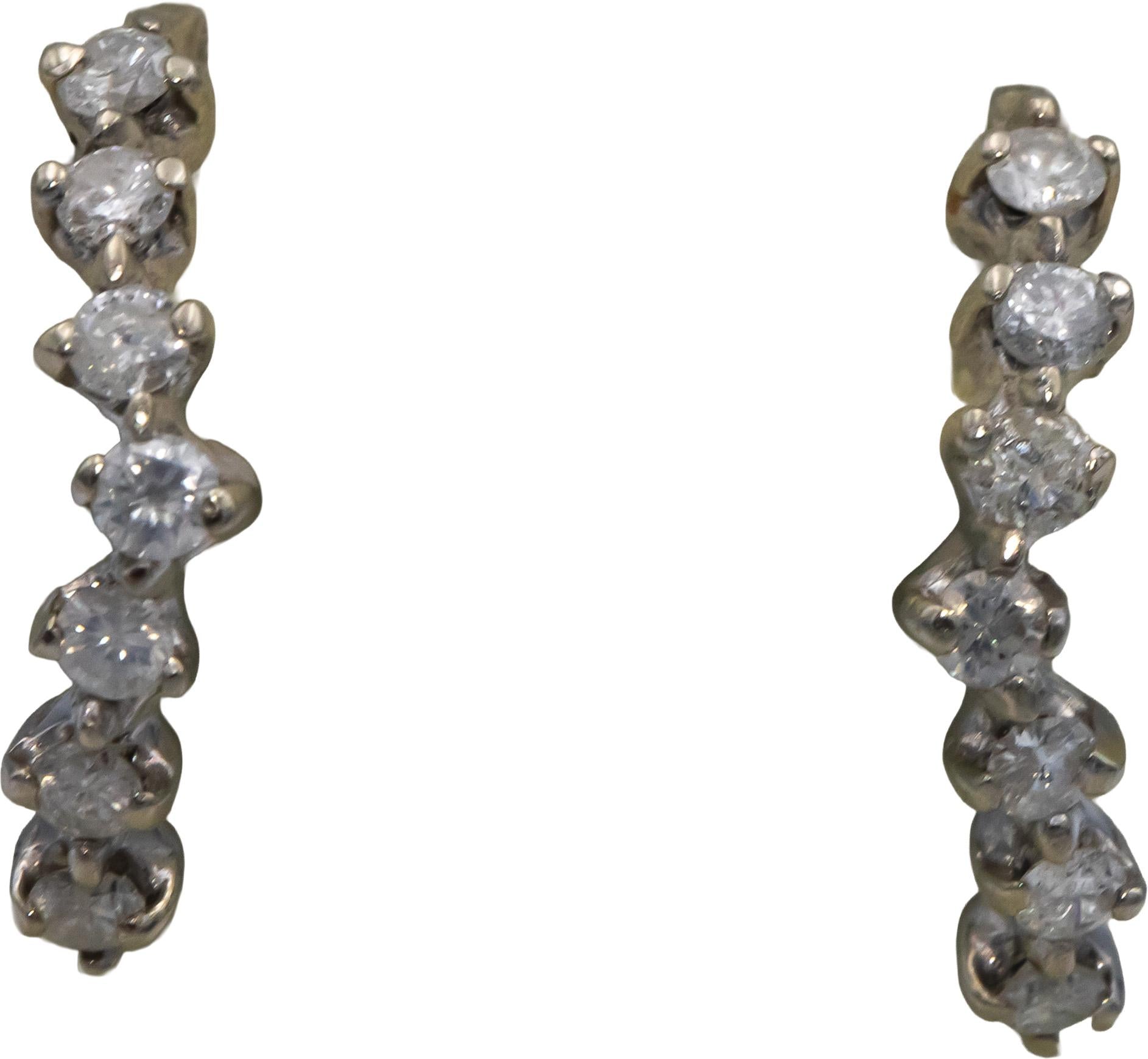 10k White Gold Round Diamond Curved Stud Earrings w/ 14k Backs 0.70CT