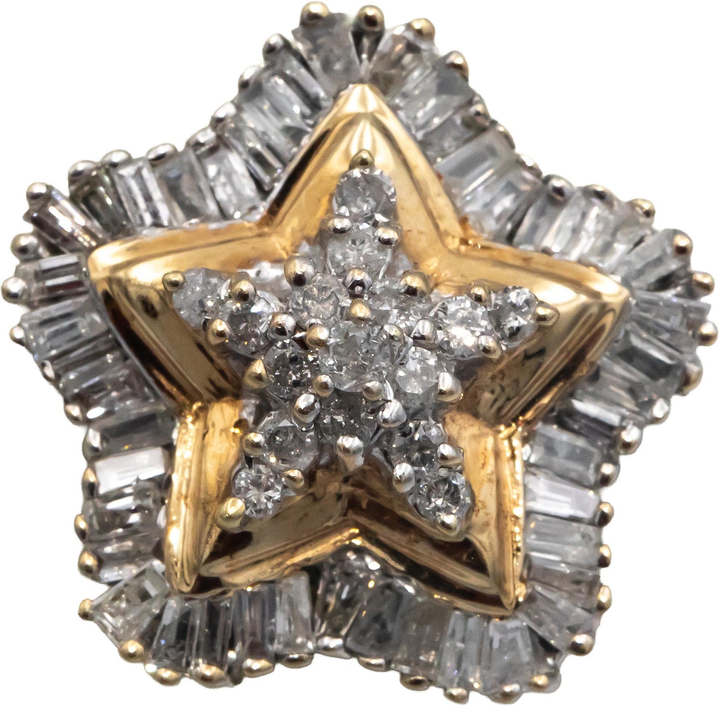 10k Yellow & White Gold 1.50CT Round & Baguette Cut Star Stud Earrings