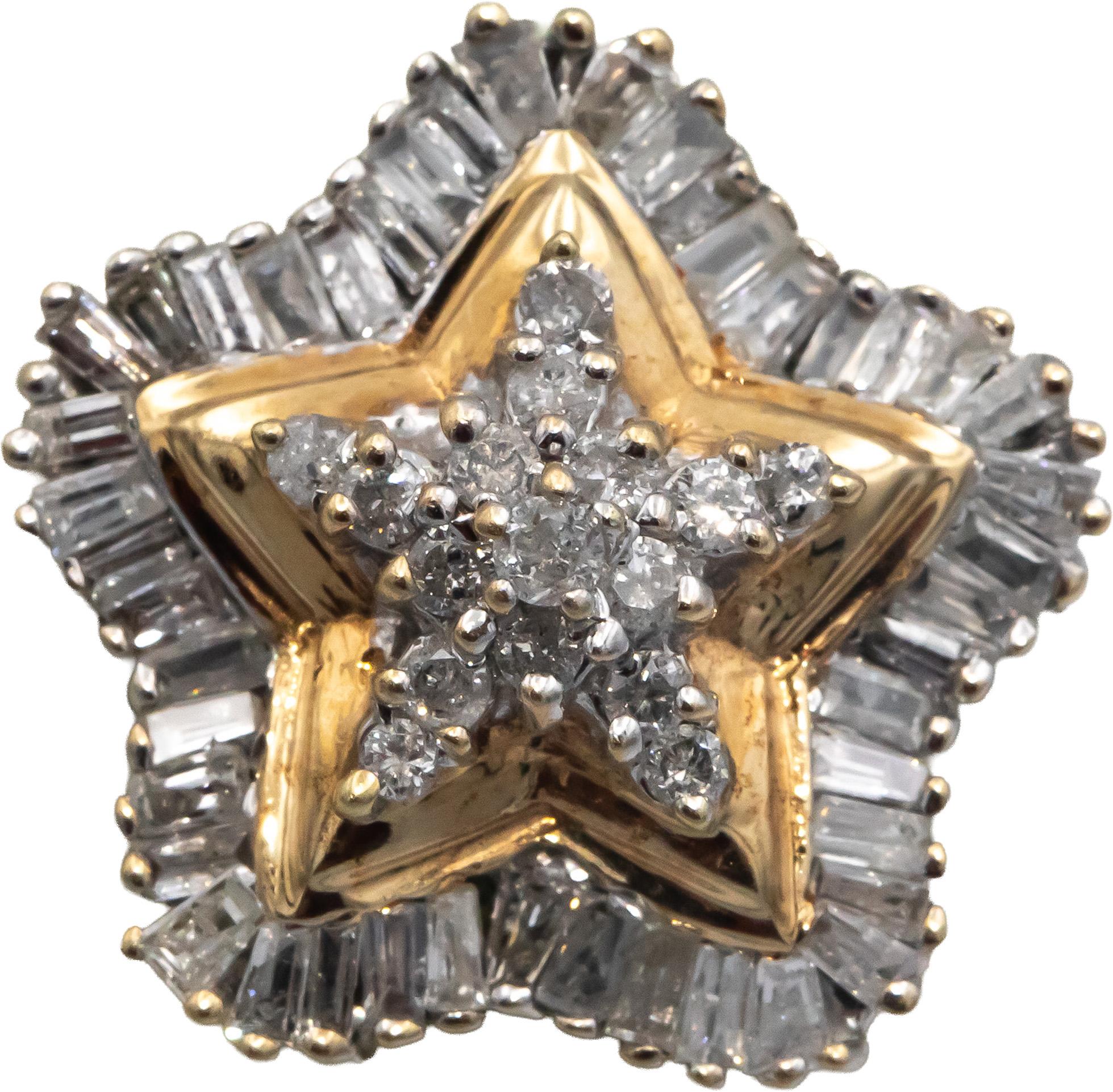 10k Yellow & White Gold 1.50CT Round & Baguette Cut Star Stud Earrings