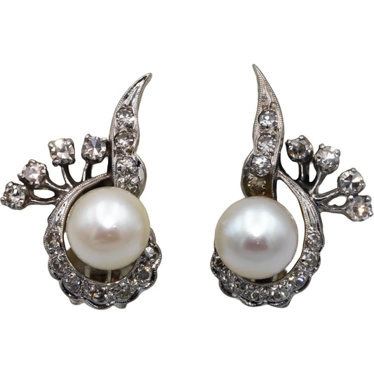 Antique Vintage 14k White Gold 0.75CT Diamond and 8.0mm Pearl Stud Earrings