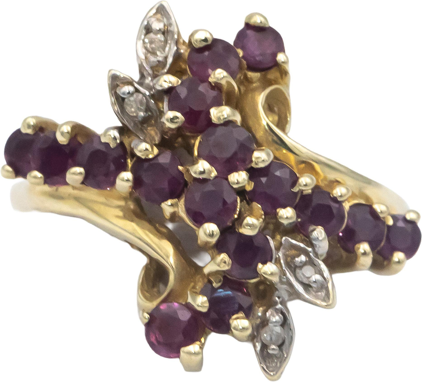 14k Yellow Gold 1.28CT Diamond and Ruby Floral Cluster Ring Size 8
